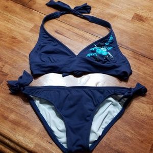 Blue embroidered bikini vtg halter
